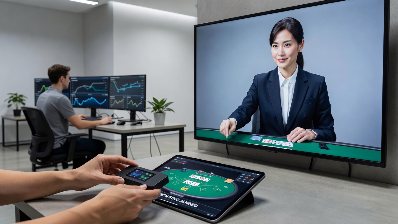 Technical diagram showing sensor data streams aligned with live dealer video pacing on mobile interfaces