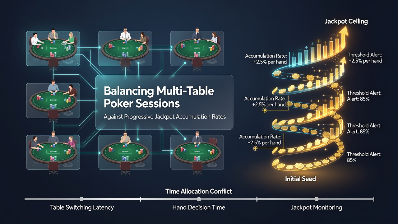 Split screen showing poker tables alongside a rising progressive jackpot meter