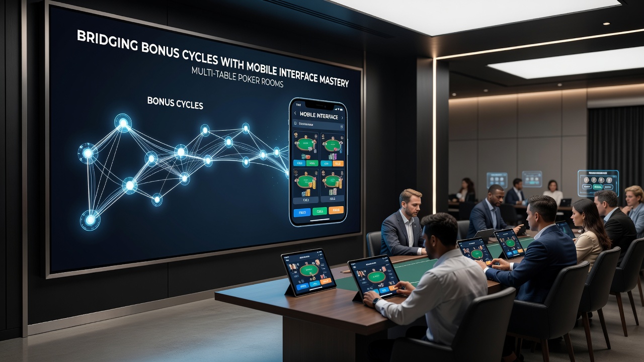 Player using tablet to manage multiple poker tables with bonus progress indicators visible