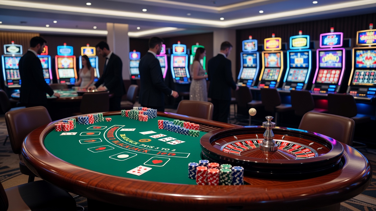 Overview of various casino game tables and slot machines in a modern gaming floor