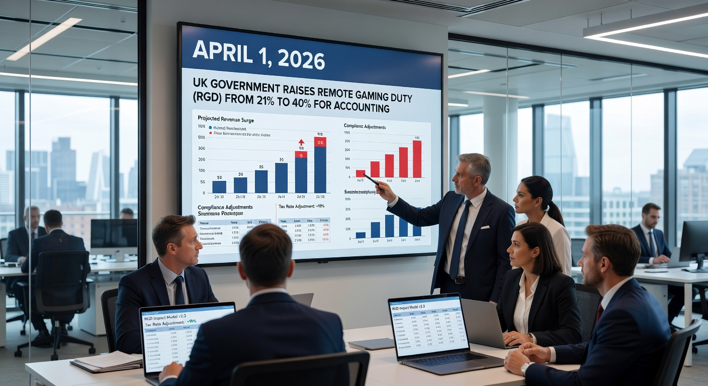 Infographic detailing UK gambling duty changes from 2025-2027, including levy rates and RGD increase to 40%
