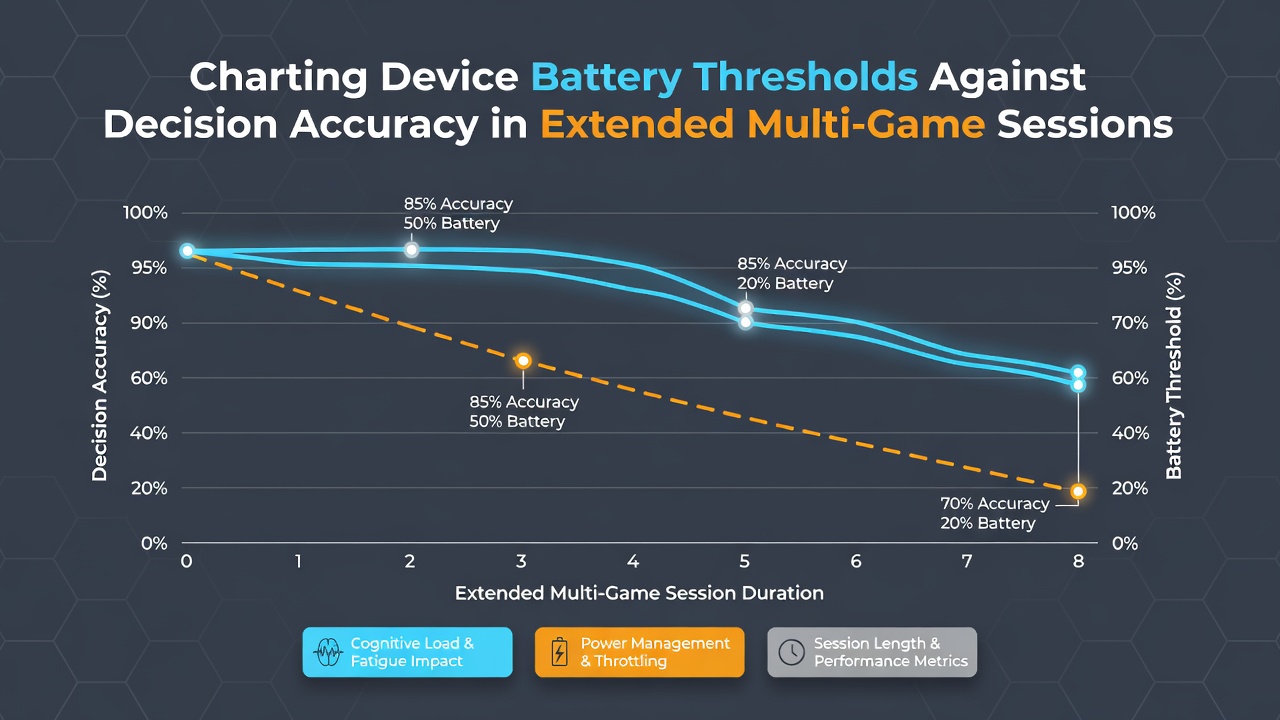 Graph showing battery percentage levels plotted against decision accuracy rates during extended multi-game sessions on mobile devices