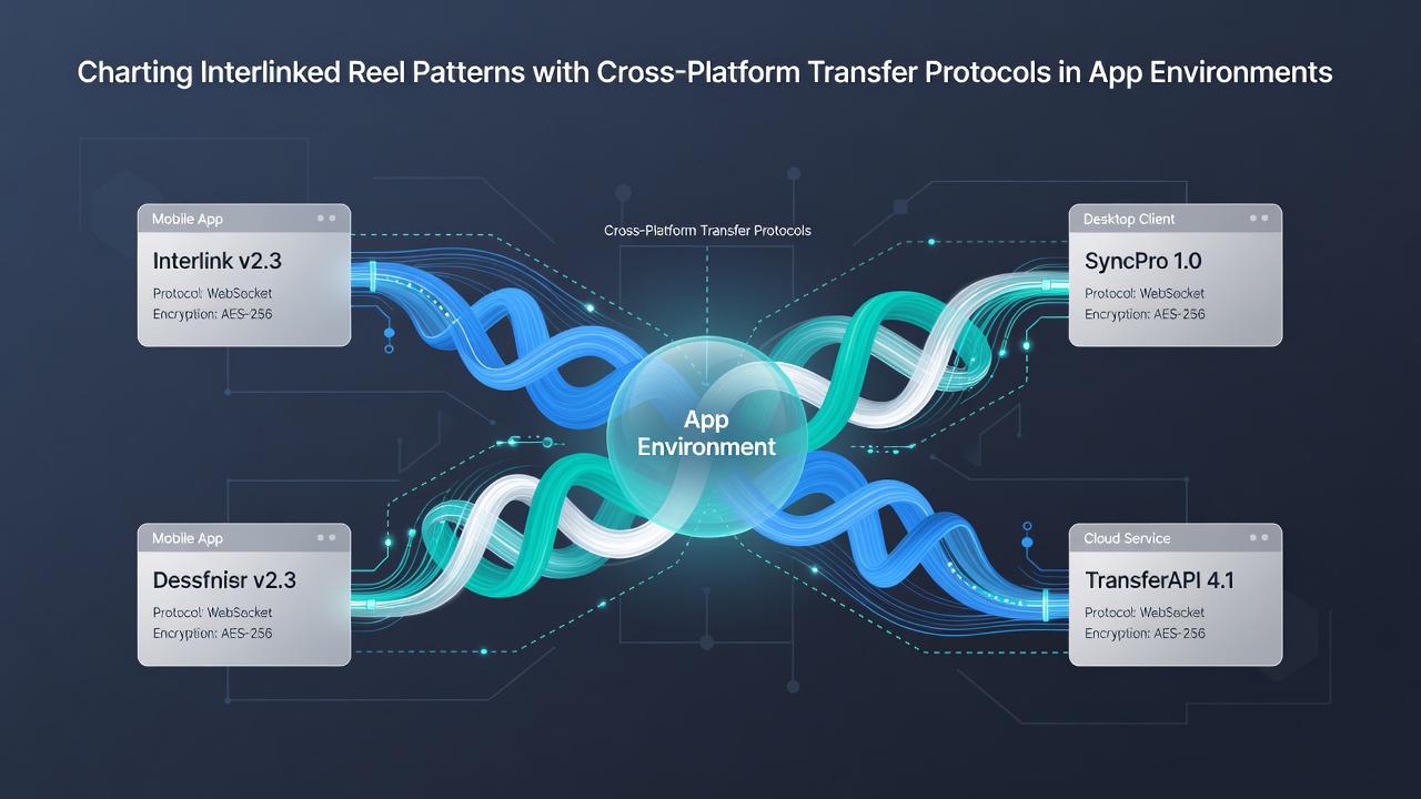 Visualization of interlinked reel data patterns flowing across multiple mobile app interfaces