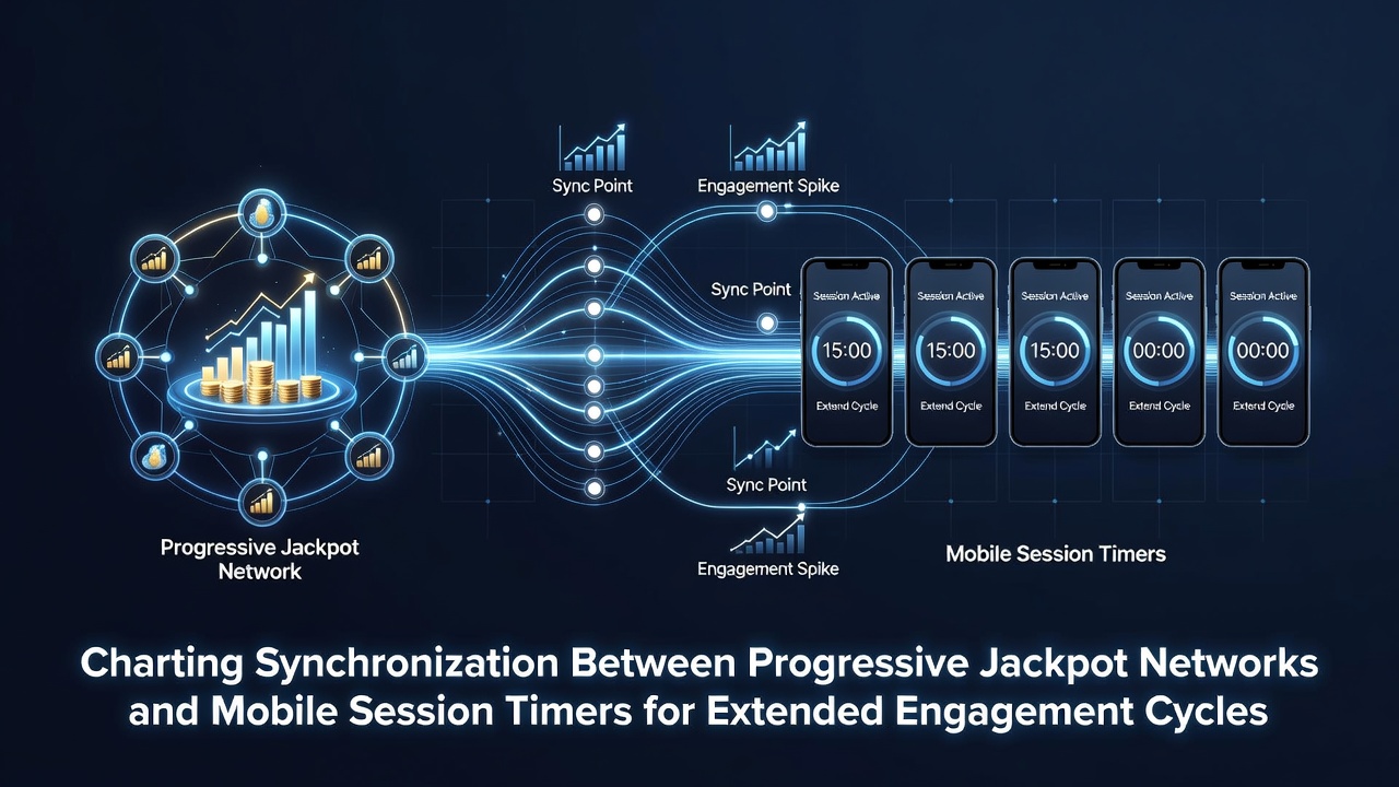 Illustration of progressive jackpot network connections linking to mobile session timer interfaces across casino platforms