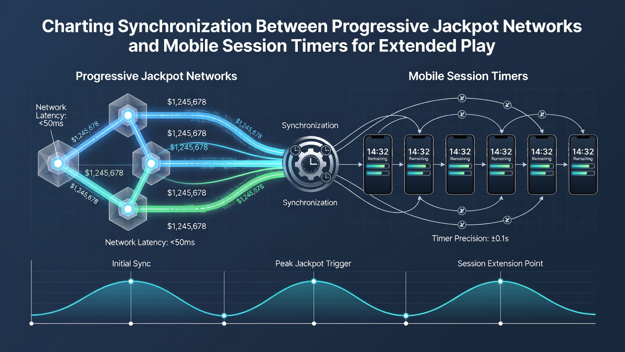 Screenshot example of a mobile casino interface displaying synced jackpot meter and session timer elements