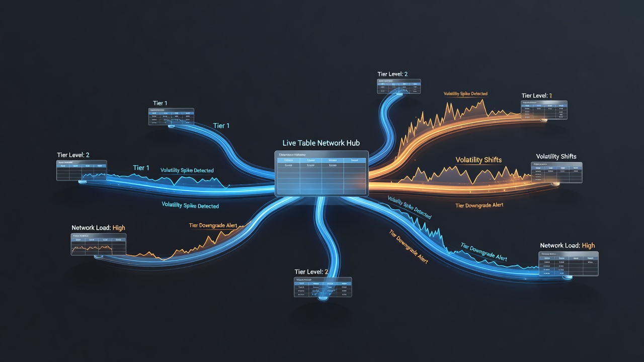 Live dealer tables connected across a digital network showing tier indicators and volatility metrics