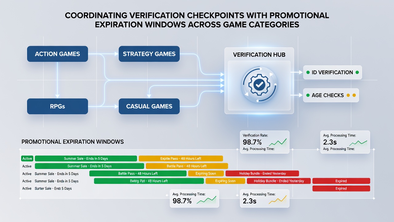 Split-screen view of verification checkpoint interface next to promotional countdown timers for different game types