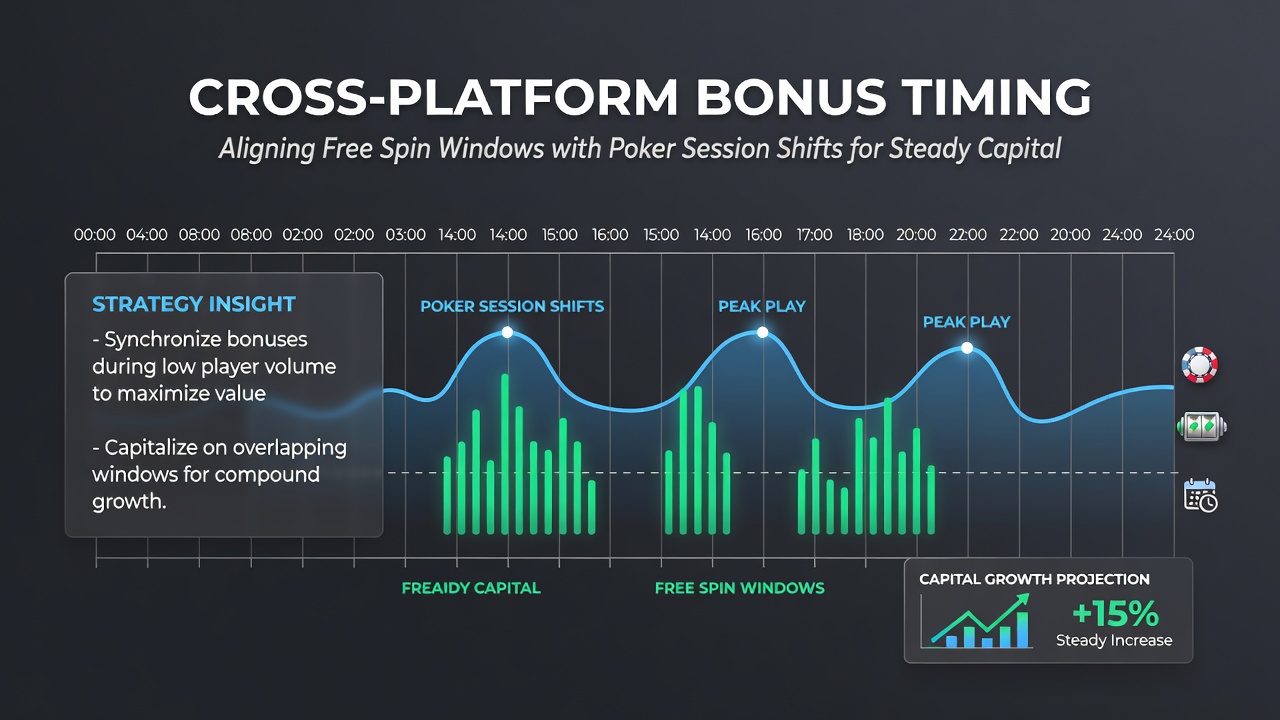 Illustration of poker session timelines overlapping with slot free spin availability windows on multiple casino sites
