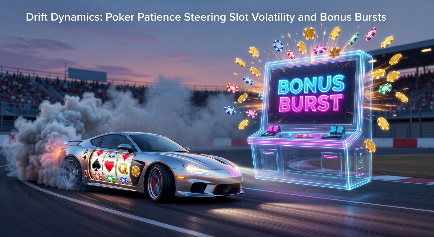 Dynamic slot reels bursting with bonus features amid poker chips, illustrating controlled bankroll drift in high-volatility play