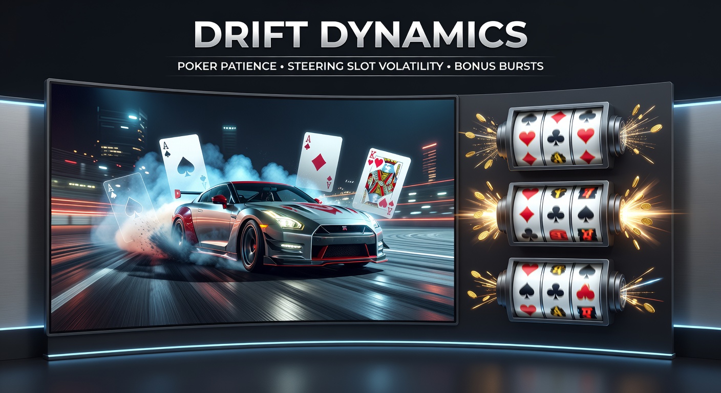 Poker player analyzing cards next to exploding slot bonus wheel, symbolizing patience steering volatility bursts