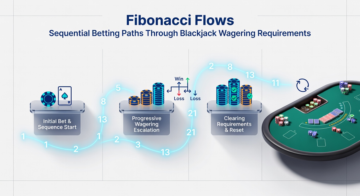 Chart depicting a Fibonacci betting progression on a blackjack hand sequence, highlighting win resets and loss escalations