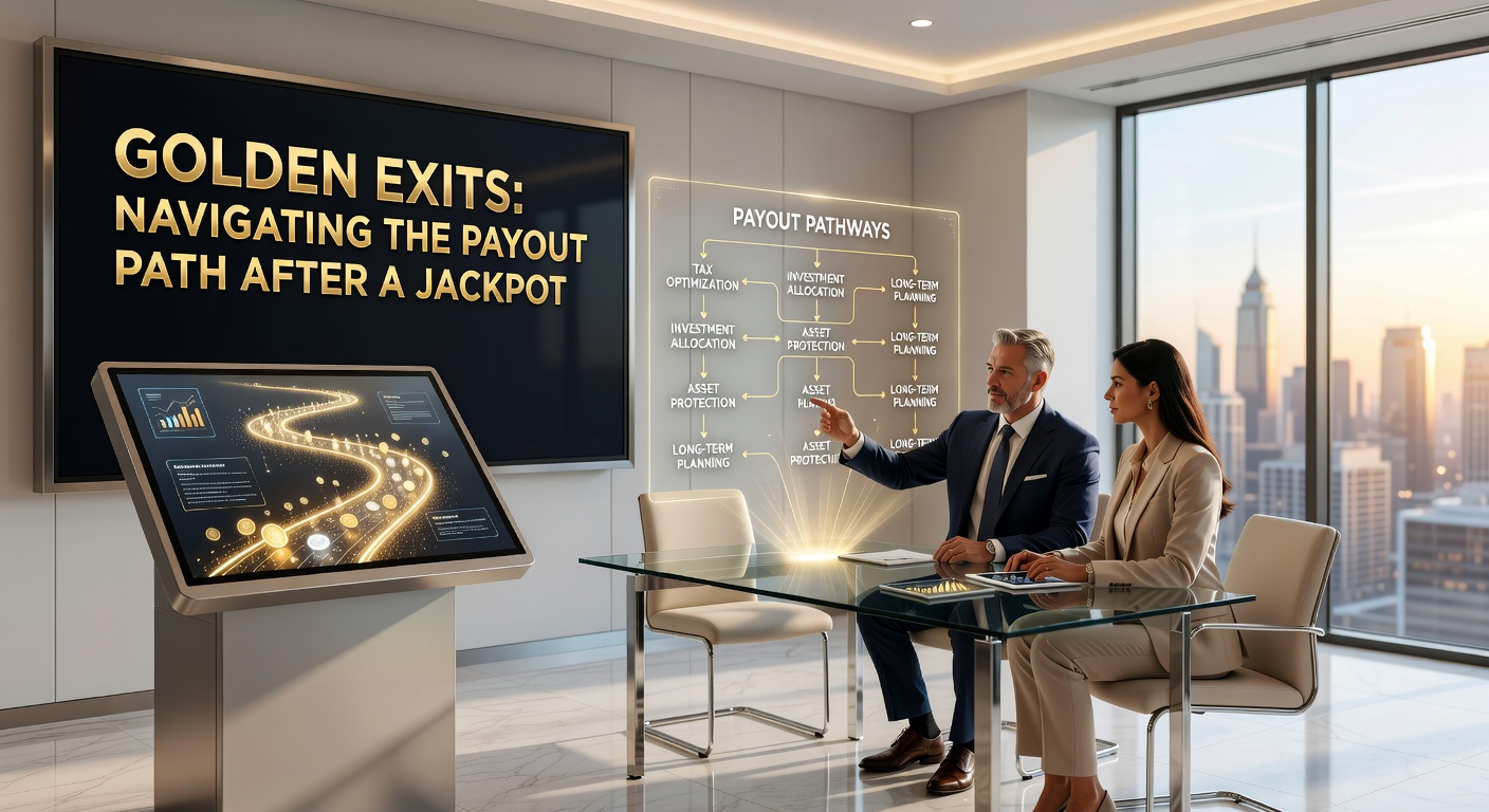 A player at a casino cage hands over ID while staff processes a jackpot payout, stacks of cash visible in the background amid secure transaction protocols