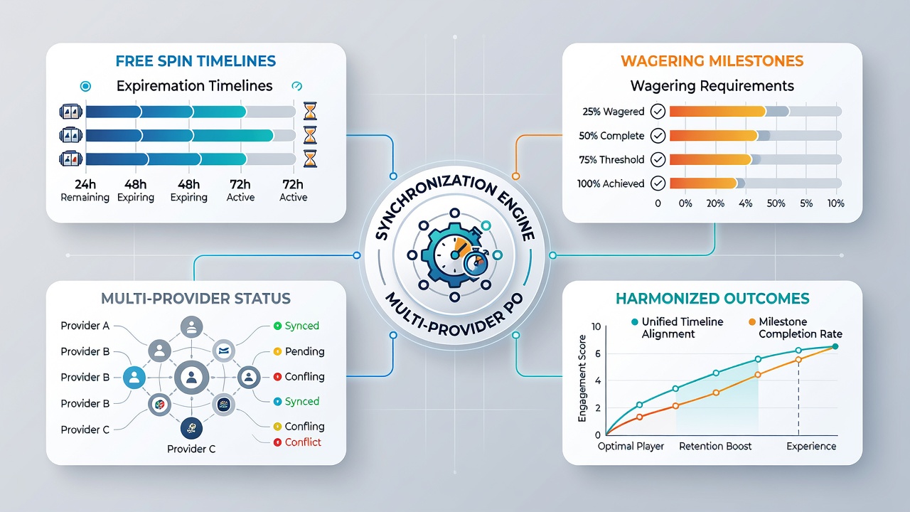 Dashboard view of a multi-provider casino account displaying aligned bonus timers, spin counters, and cumulative wagering progress