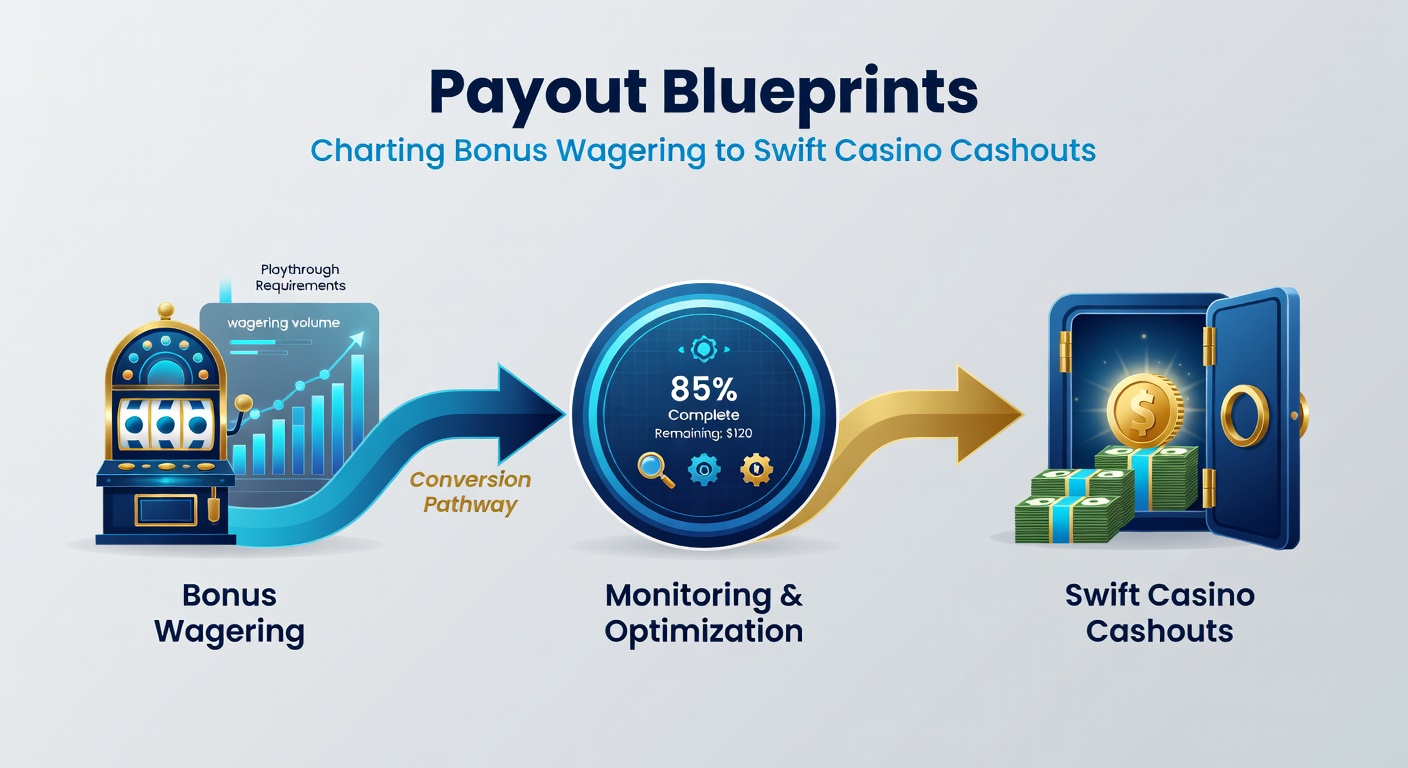 Flowchart showing bonus wagering progression leading to instant casino payout icons like e-wallets and bank transfers