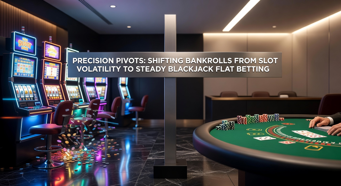 Visual representation of a bankroll transitioning from chaotic slot spins to the disciplined rhythm of blackjack flat bets, with charts showing volatility curves smoothing out
