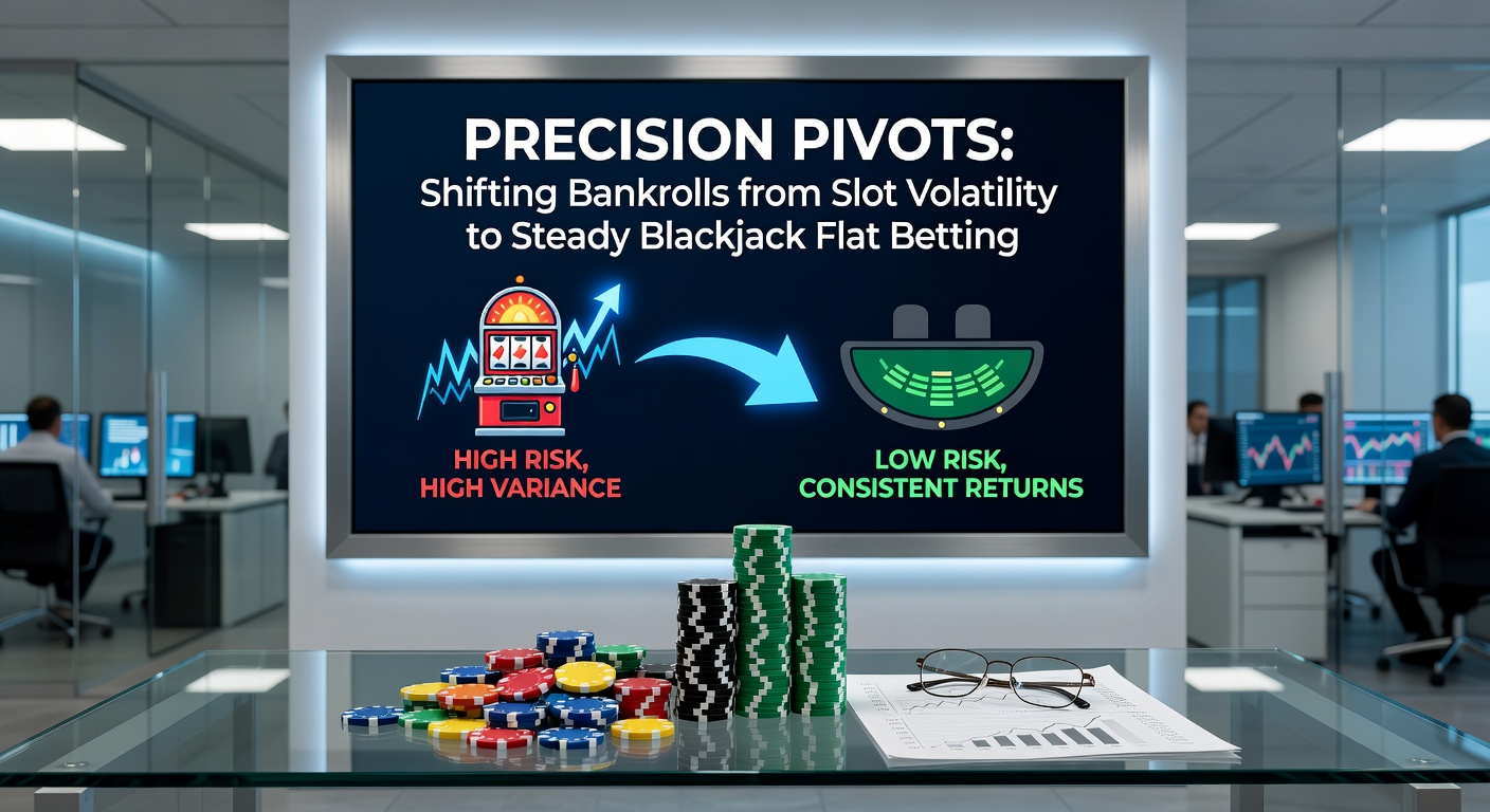 Detailed infographic comparing slot volatility graphs against smooth blackjack equity curves under flat betting, highlighting pivot success metrics