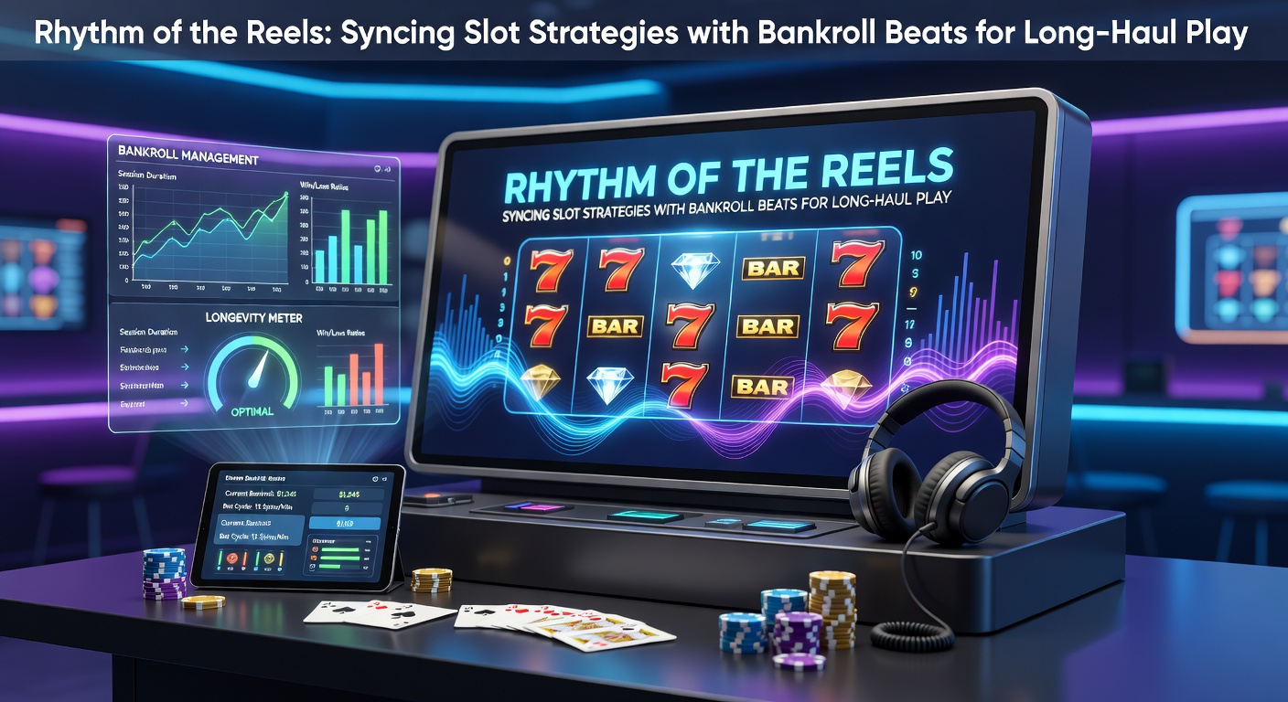 Vibrant slot reels syncing in a rhythmic pattern against a backdrop of cascading coins and glowing lights, illustrating the harmony between spins and bankroll management