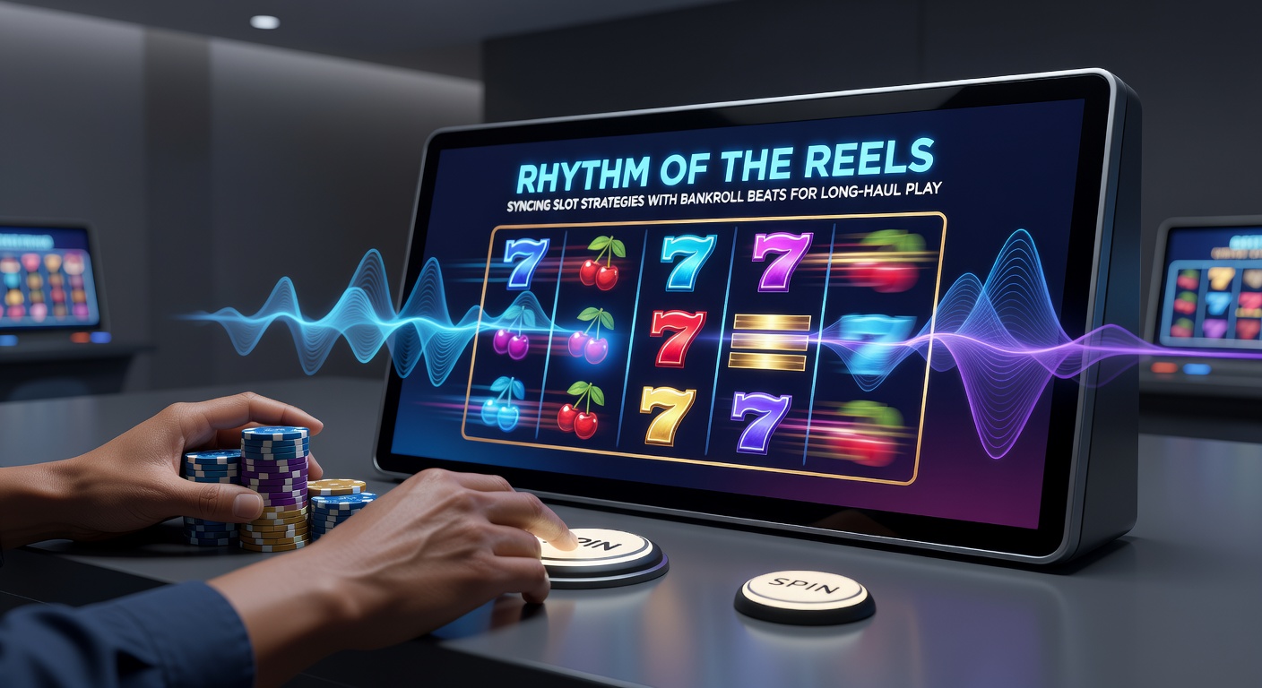 Player at a slot console adjusting bet size on a digital interface, with graphs showing bankroll fluctuations over time, emphasizing strategic syncing for endurance