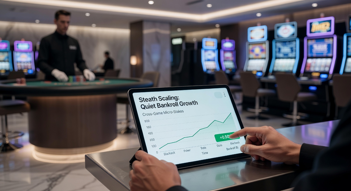 Close-up of casino interface displaying micro-stake options in slots, table games, and poker, with rising bankroll graph overlay