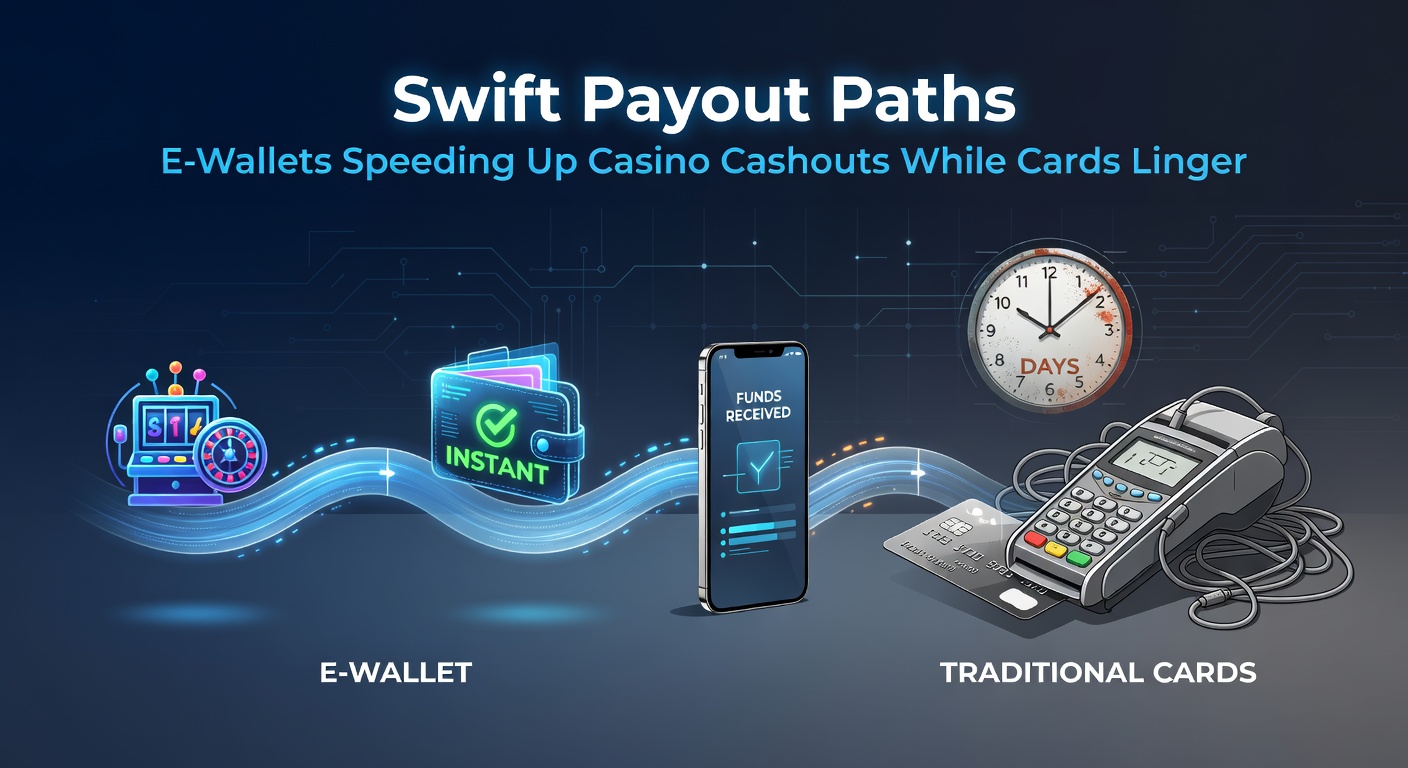 Digital wallet icons speeding along a racetrack, overtaking slower credit card symbols in a casino-themed payout race