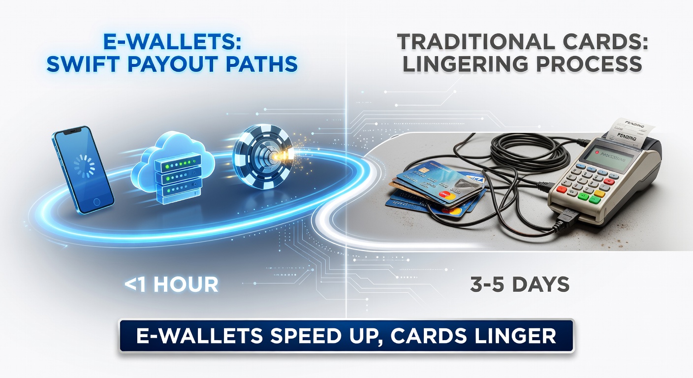 Comparison chart showing e-wallet payout times in green bars far shorter than red bars for credit cards, with casino slot machines in the background
