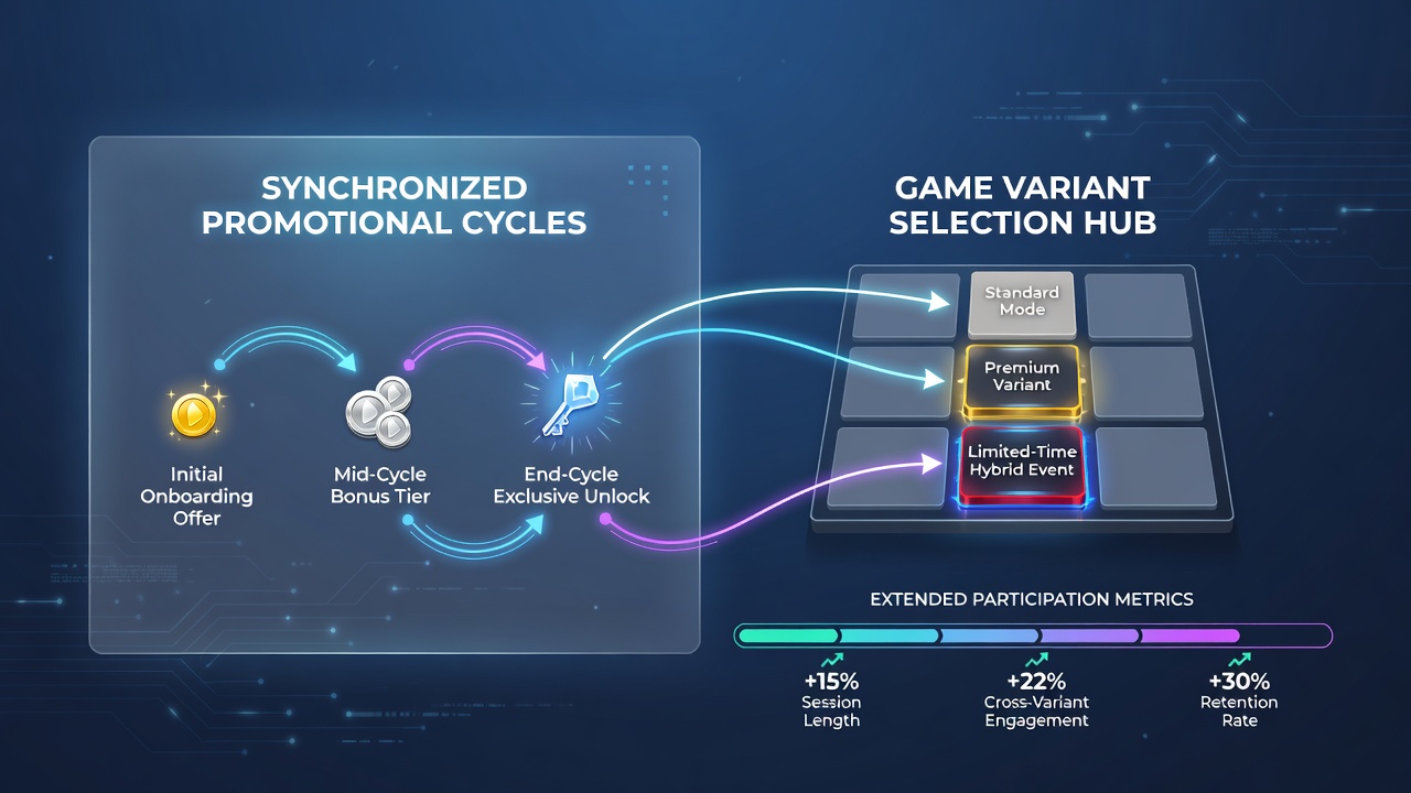 Hybrid digital gaming platform showing synchronized promotional banners and multiple game variant interfaces on a single screen