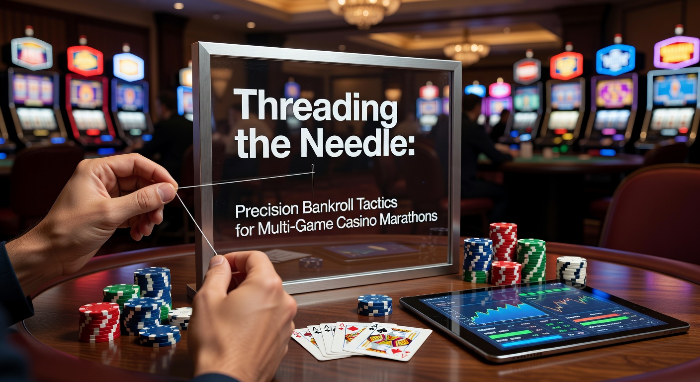 A player at a casino table meticulously managing chips across multiple games, symbolizing precise bankroll control during extended sessions