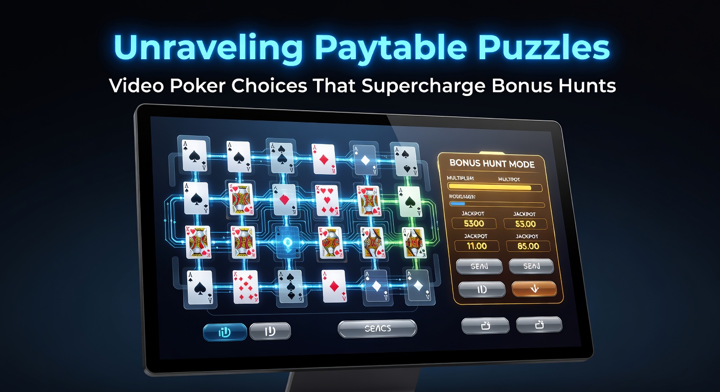 Close-up of a video poker screen displaying a detailed paytable with jackpot payouts for royal flushes and full houses