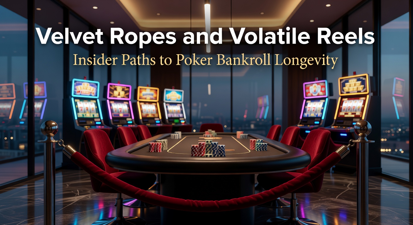 Poker players at a high-stakes table behind velvet ropes, stacks of chips in sharp focus amid dimly lit casino ambiance
