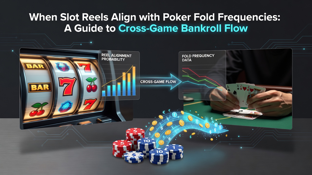 Bankroll flow chart connecting slot machine icons to poker chip stacks with percentage arrows