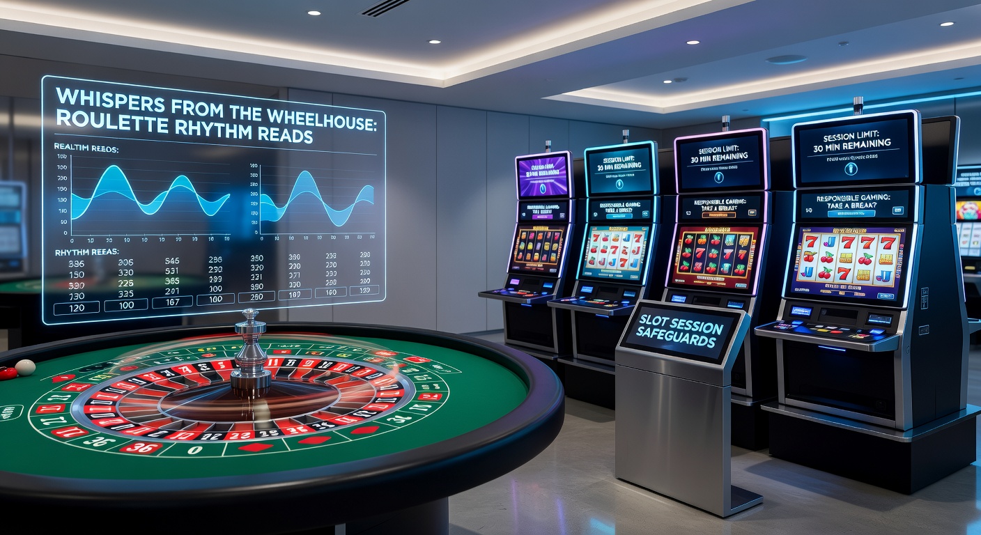 Slot machine reels aligning symbols with a player's hand on the spin button, overlaid with bankroll graphs showing session limits in a vibrant casino setting